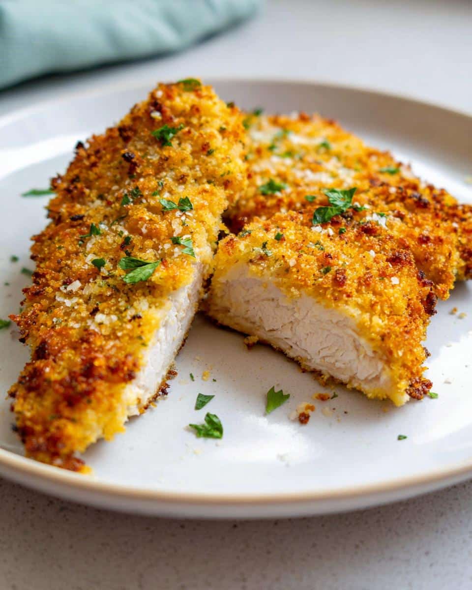 A close-up of Crispy Parmesan Crusted Air Fryer Chicken, cut in half to show the juicy interior and golden-brown crust.
