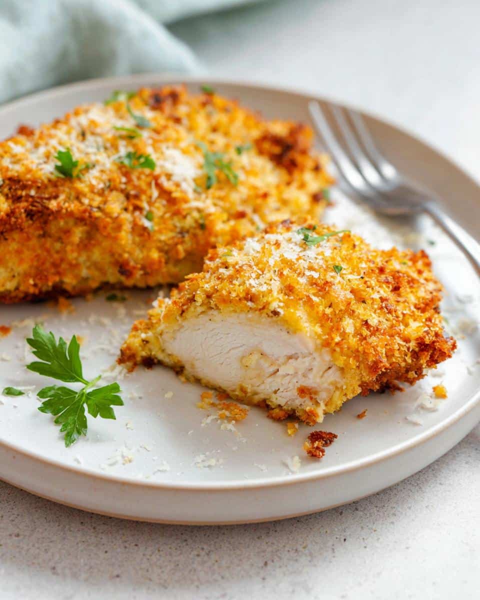 A close-up of crispy Parmesan crusted air fryer chicken, one piece cut to show juicy interior, garnished with parsley.