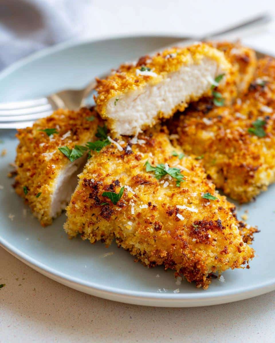 Close-up of Crispy Parmesan Crusted Air Fryer Chicken pieces on a plate, one piece cut to show juicy interior.