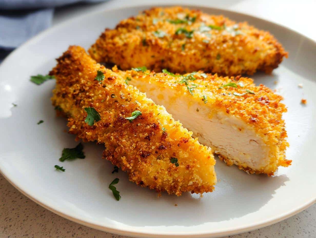 Two pieces of Crispy Parmesan Crusted Air Fryer Chicken on a plate, one cut in half to show the juicy interior.