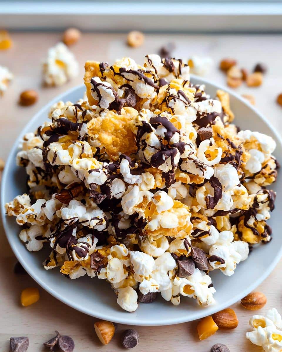 A heaping bowl of homemade Popcorn Snack Mix drizzled with dark chocolate and mixed with caramel pieces.