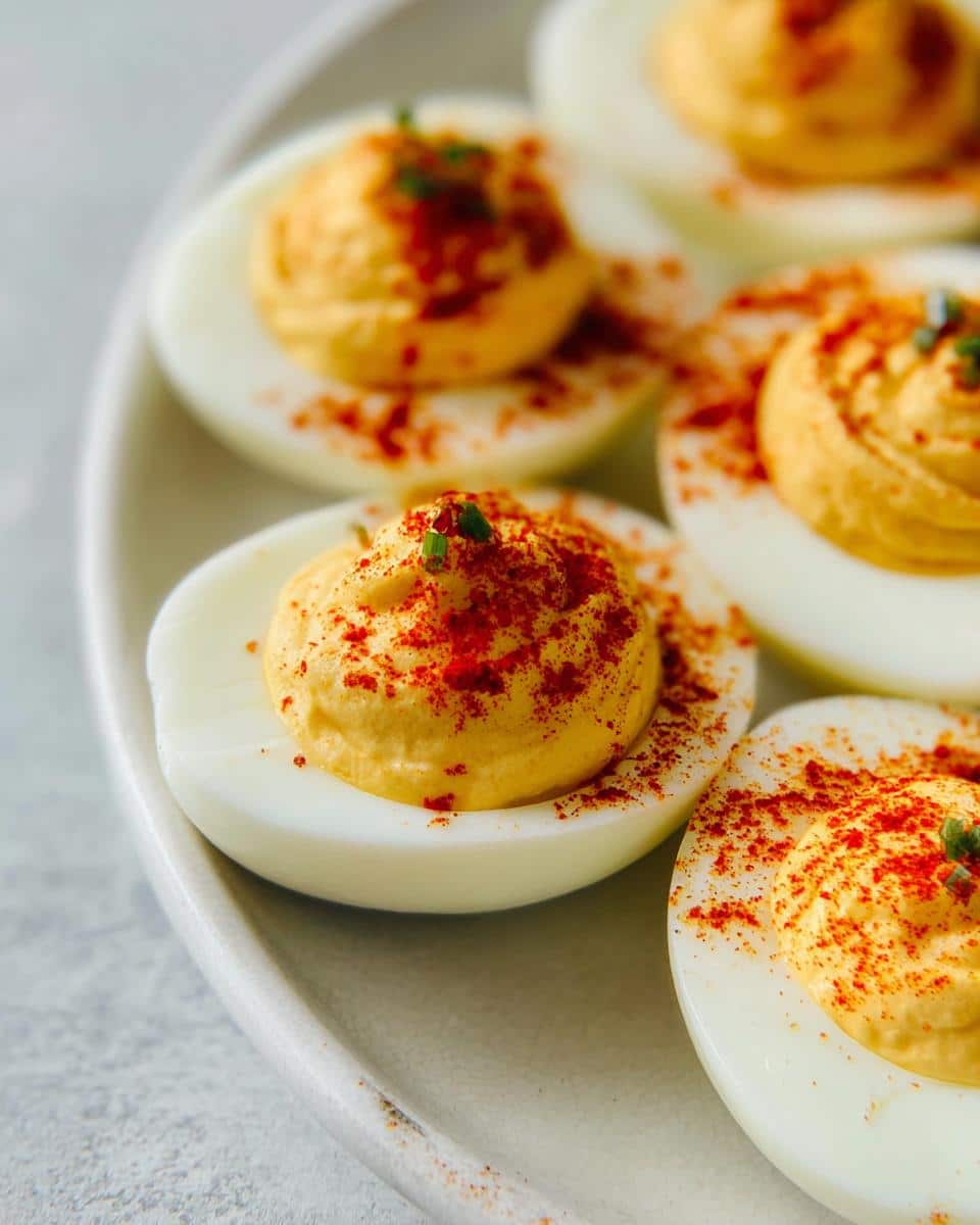 Close-up of several Deviled Eggs with Paprika sprinkled over the creamy yolk filling on a light-colored platter.