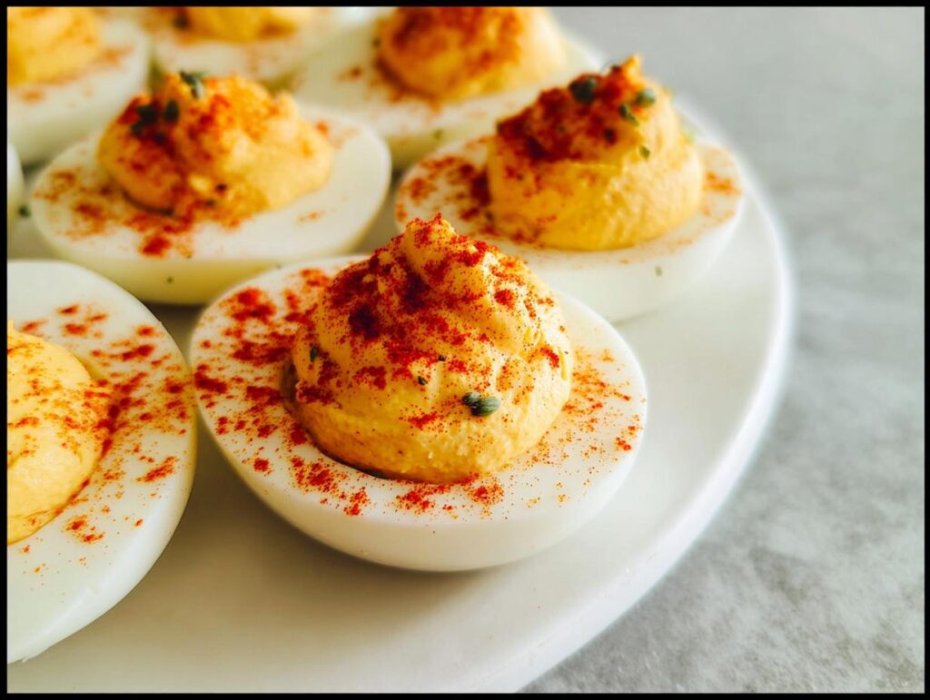 Close-up of several perfectly piped Deviled Eggs with Paprika sprinkled generously over the creamy filling.