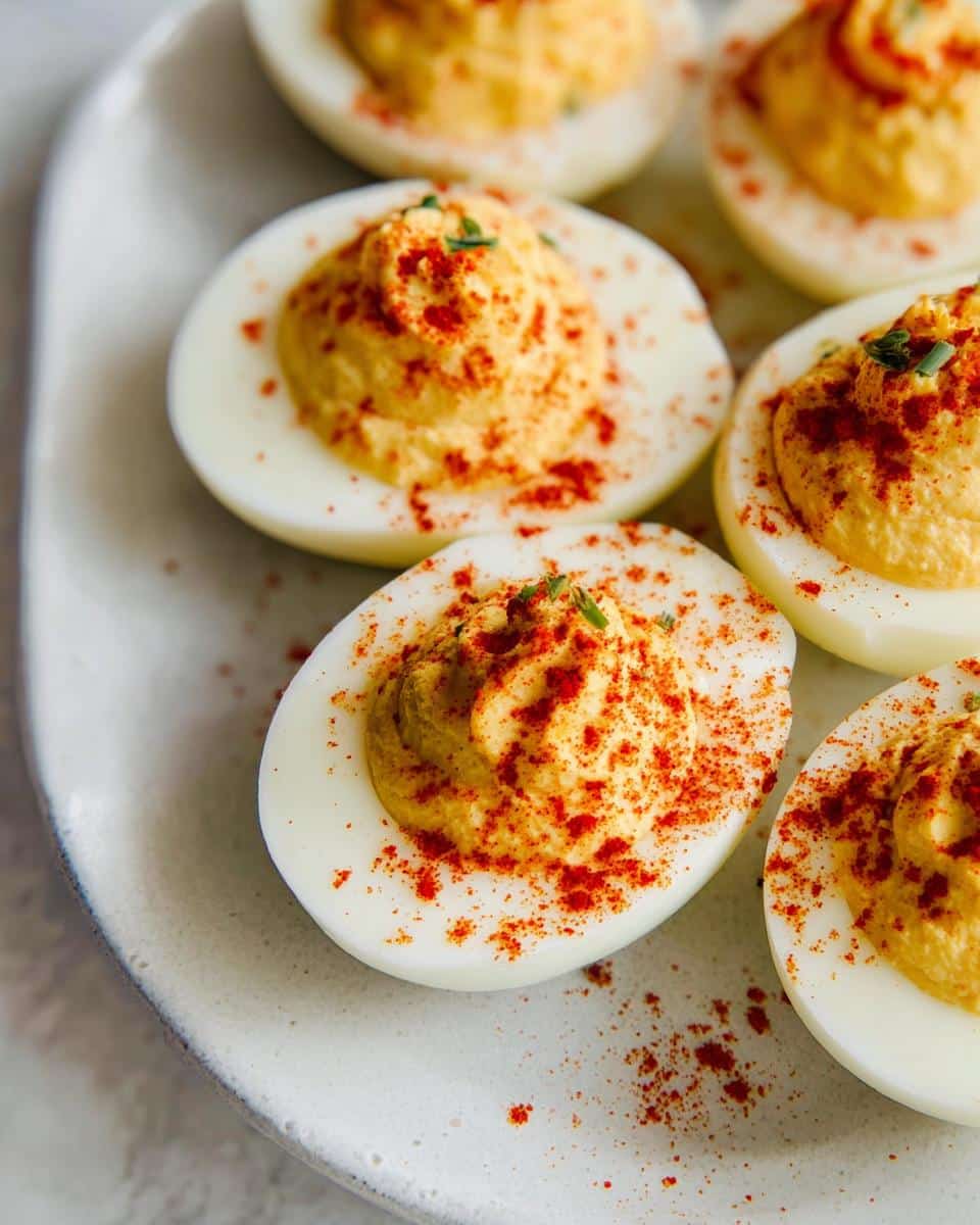 Close-up of several Deviled Eggs with Paprika sprinkled generously over the creamy yolk filling.