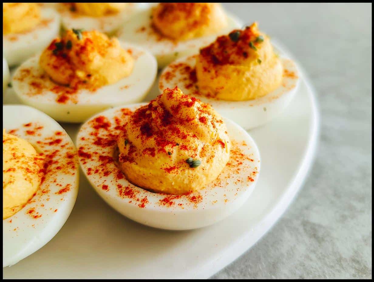 Close-up of several perfectly piped Deviled Eggs with Paprika sprinkled generously over the creamy filling.