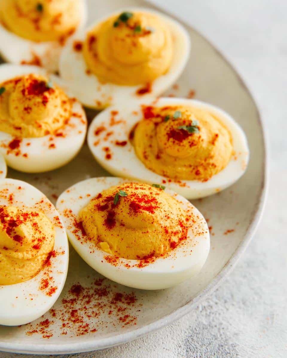 Close-up of several Deviled Eggs with Paprika sprinkled generously over the creamy yolk filling.