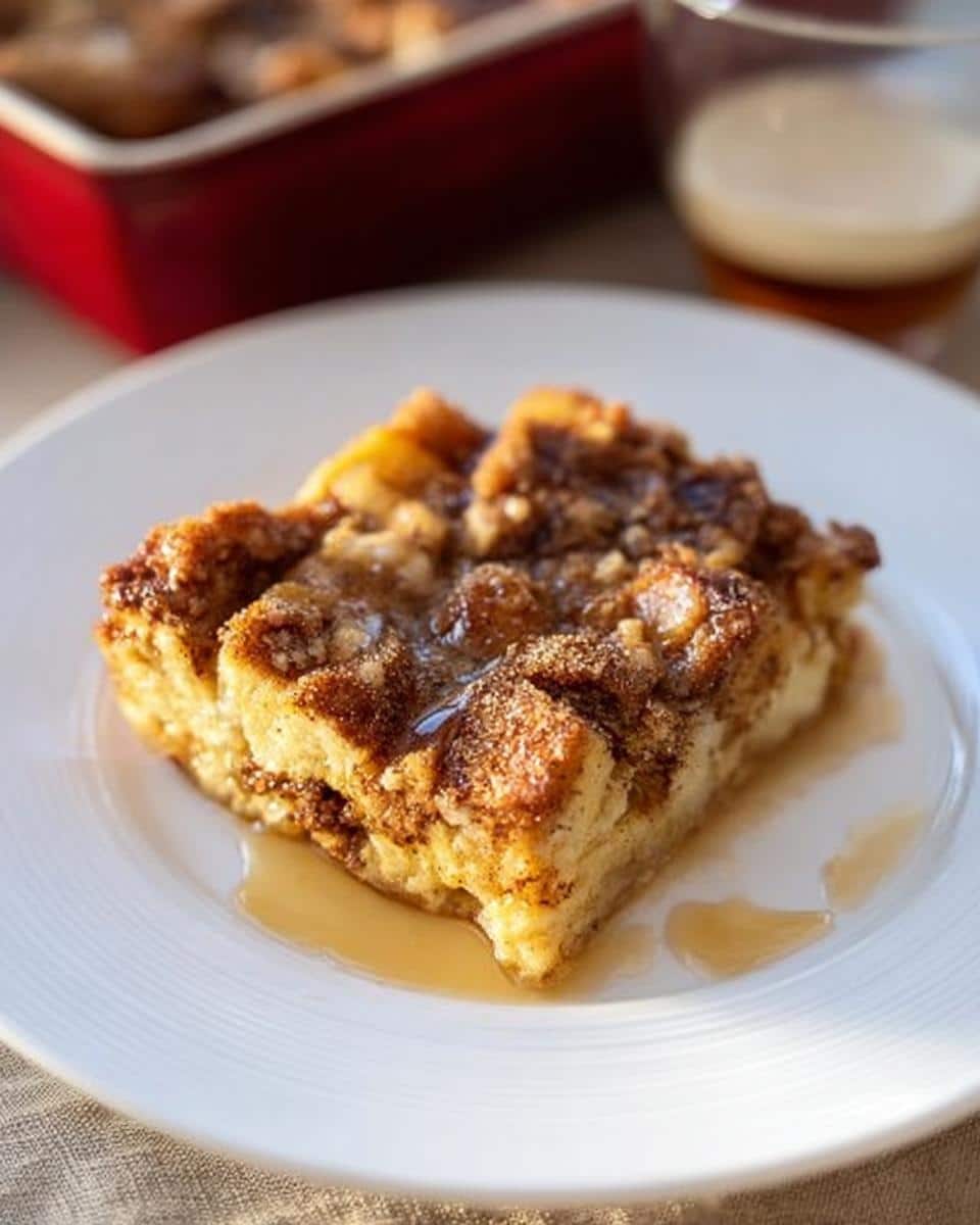 A decadent slice of Eggnog French Toast Casserole, drizzled with syrup, on a white plate.