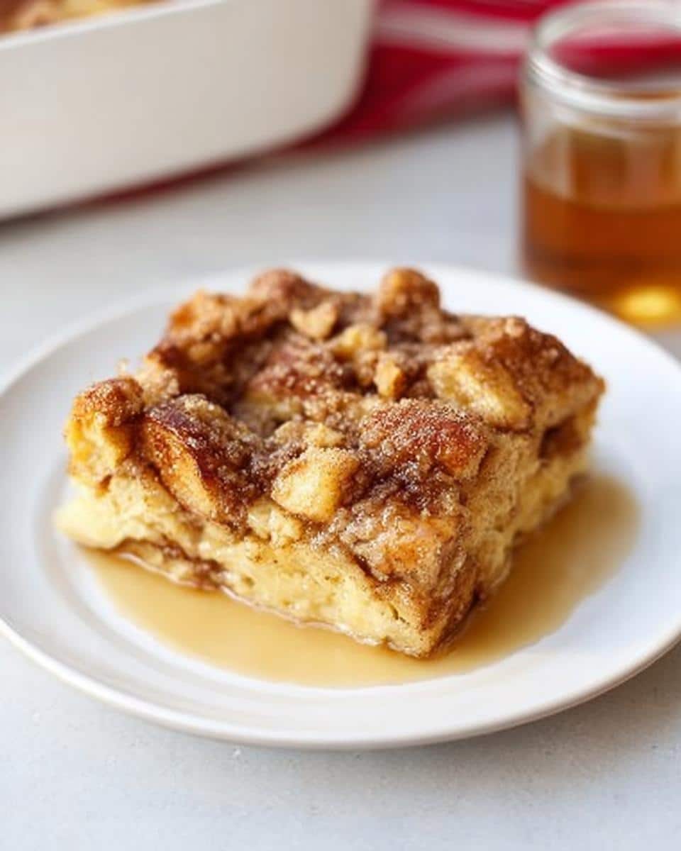A delicious slice of Eggnog French Toast Casserole served on a white plate with syrup.