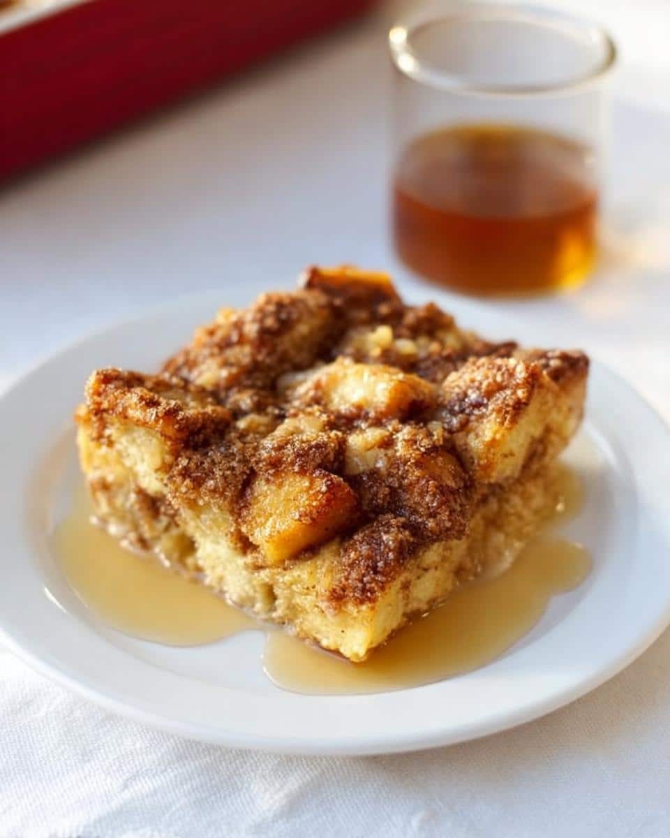 A slice of Eggnog French Toast Casserole served on a white plate, drizzled with syrup.