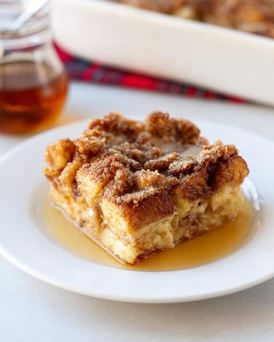 A decadent slice of Eggnog French Toast Casserole served on a white plate with a pool of syrup.