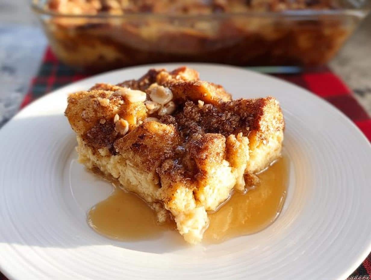 A slice of Eggnog French Toast Casserole served on a white plate with syrup pooling around it.
