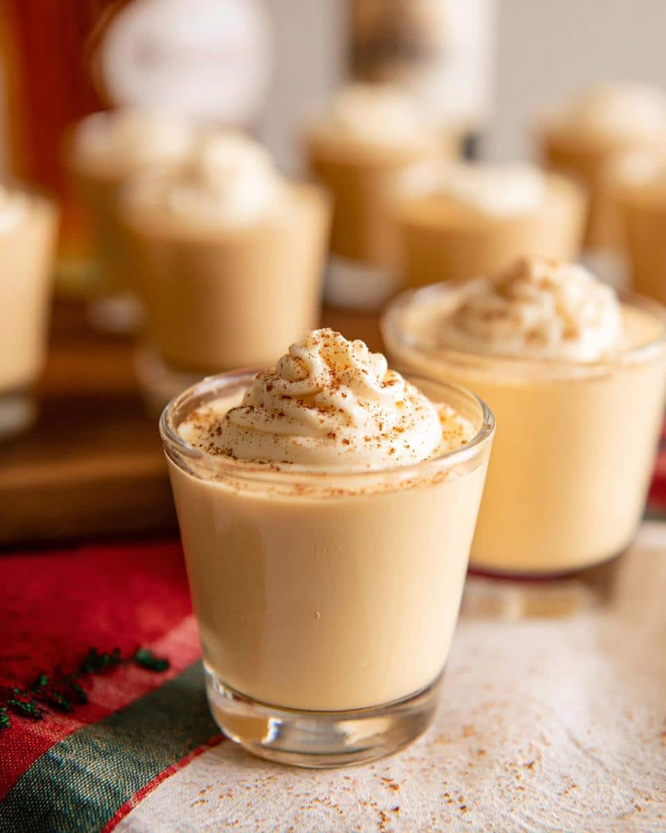 Close-up of a creamy Eggnog Pudding Jello Shot topped with whipped cream and cinnamon.