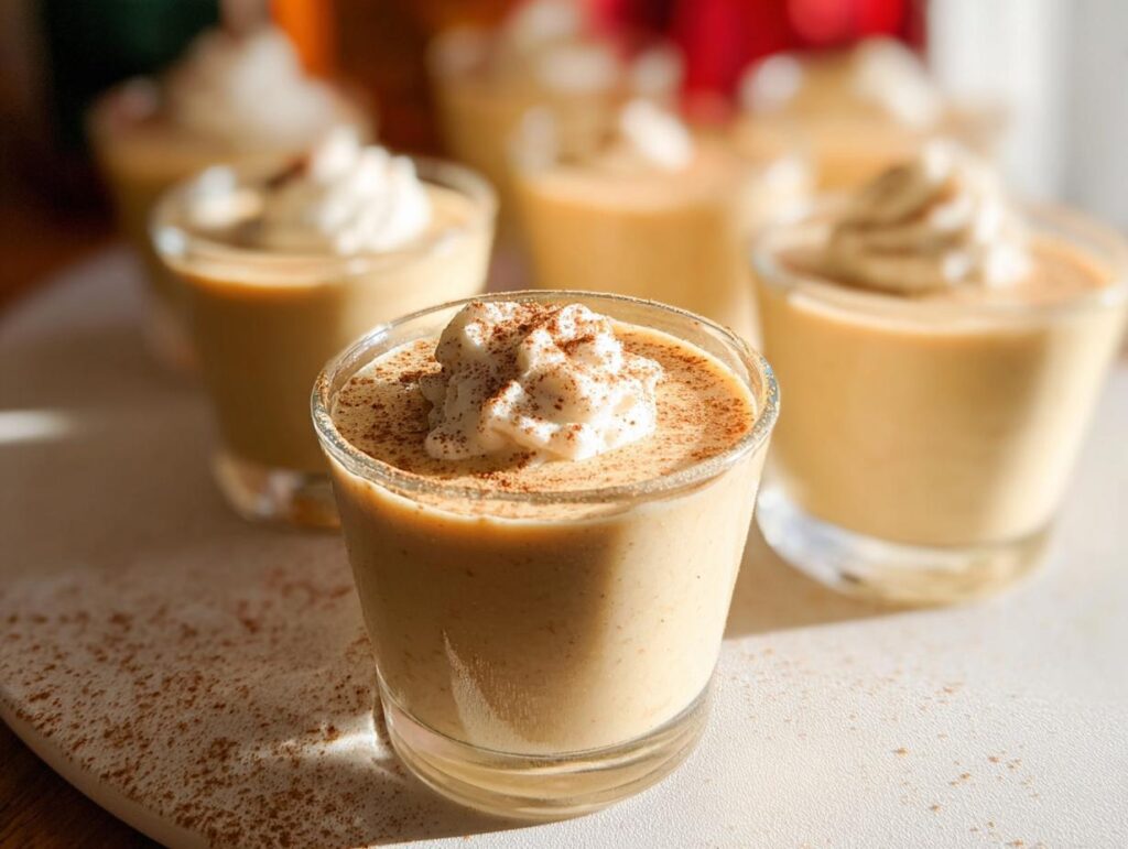 Close-up of creamy Eggnog Pudding Jello Shots topped with whipped cream and cinnamon.