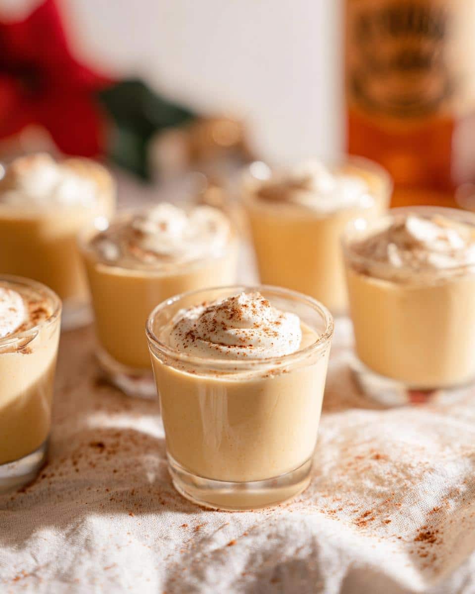 Close-up of creamy Eggnog Pudding Jello Shots topped with whipped cream and cinnamon.