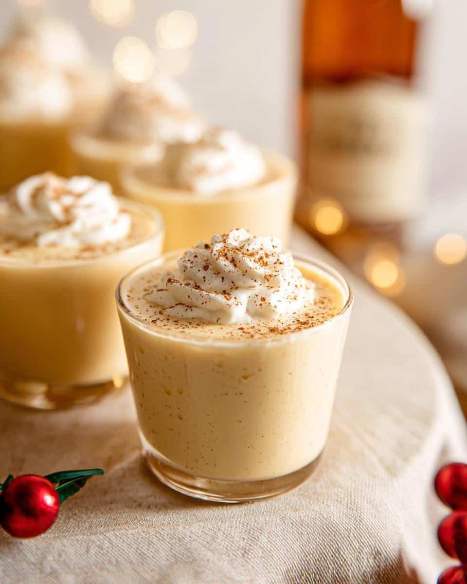 Close-up of a creamy Eggnog Pudding Jello Shot topped with whipped cream and cinnamon.
