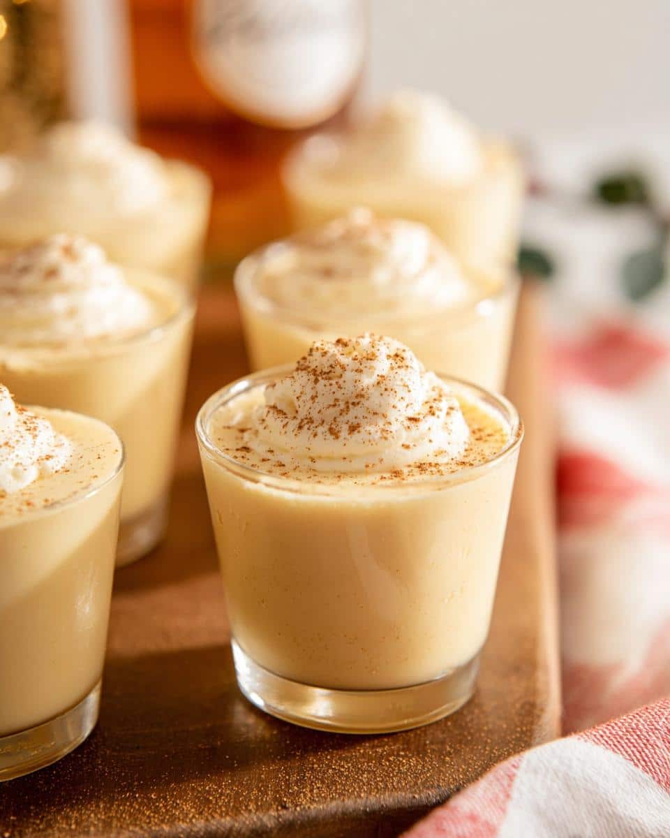 Close-up of several creamy Eggnog Pudding Jello Shots topped with whipped cream and cinnamon.