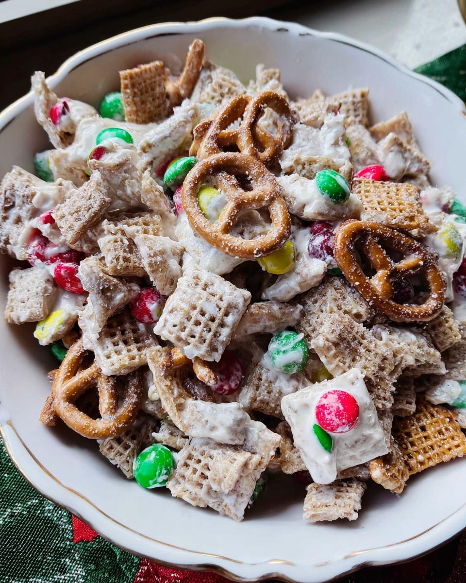 Close-up of a white bowl filled with festive Christmas Chex Mix coated in white chocolate, featuring pretzels and holiday M&Ms.