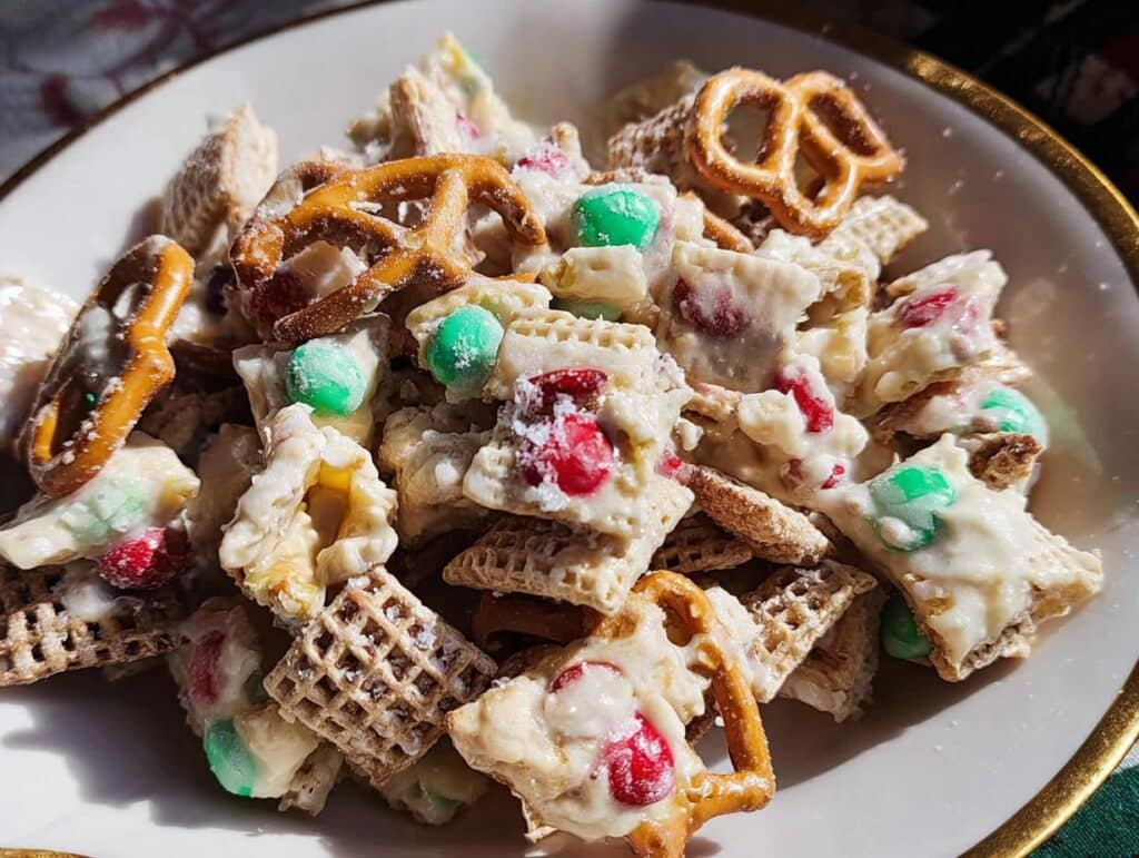 Close-up of white chocolate coated Christmas Chex Mix featuring pretzels, Chex cereal, and red and green candies.