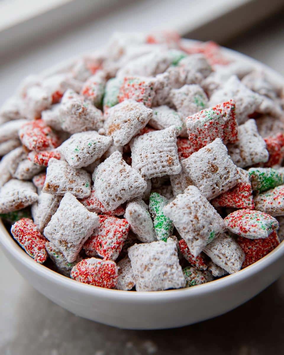 Close-up of a white bowl filled with festive Christmas Puppy Chow coated in powdered sugar with red and green sprinkles.