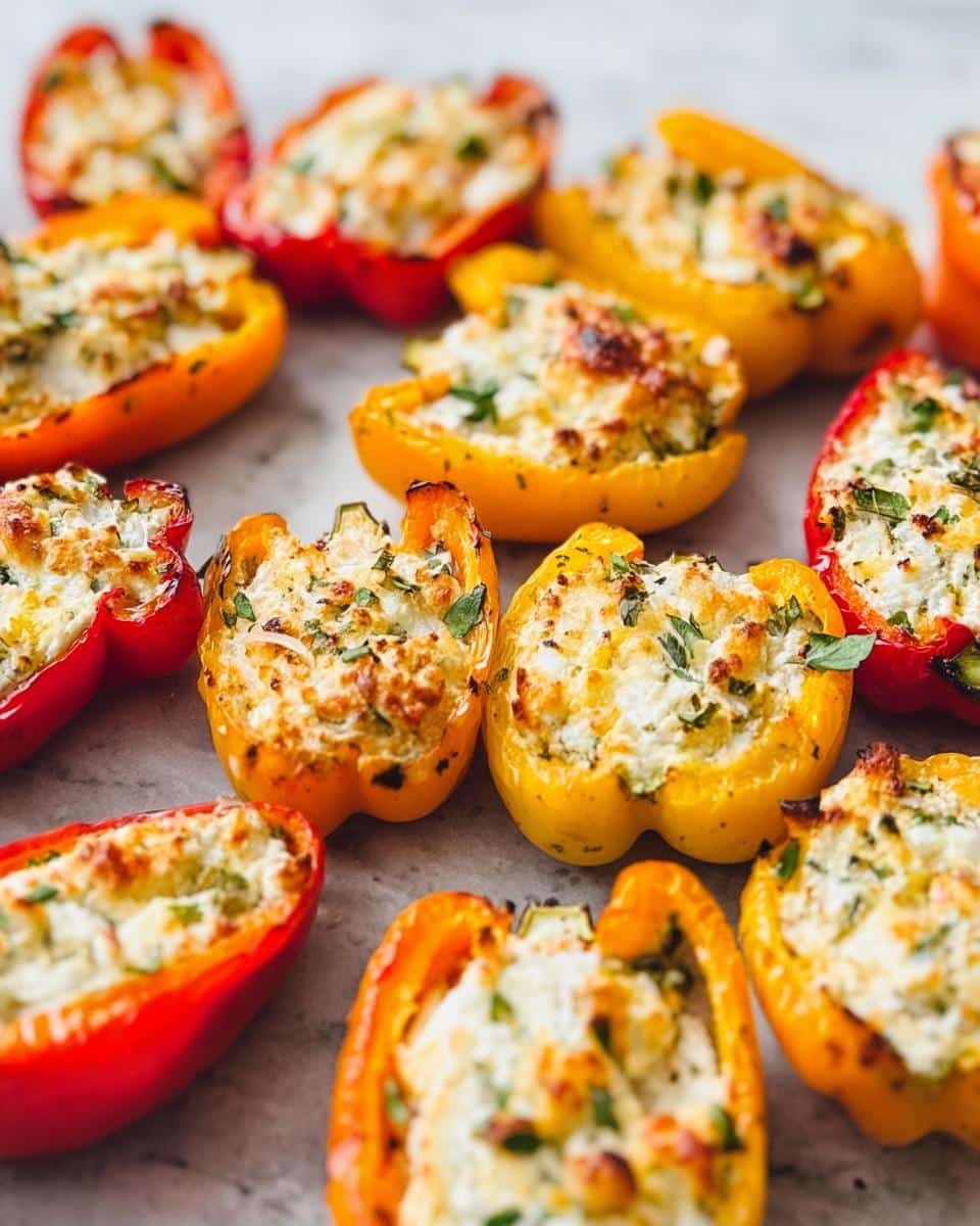 Close-up of baked Freezer-Friendly Stuffed Mini Peppers in red and yellow halves with cheesy, herbed filling.