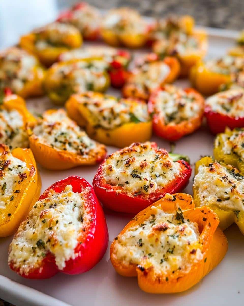 Close-up of baked Freezer-Friendly Stuffed Mini Peppers in red, orange, and yellow, topped with melted cheese and herbs.