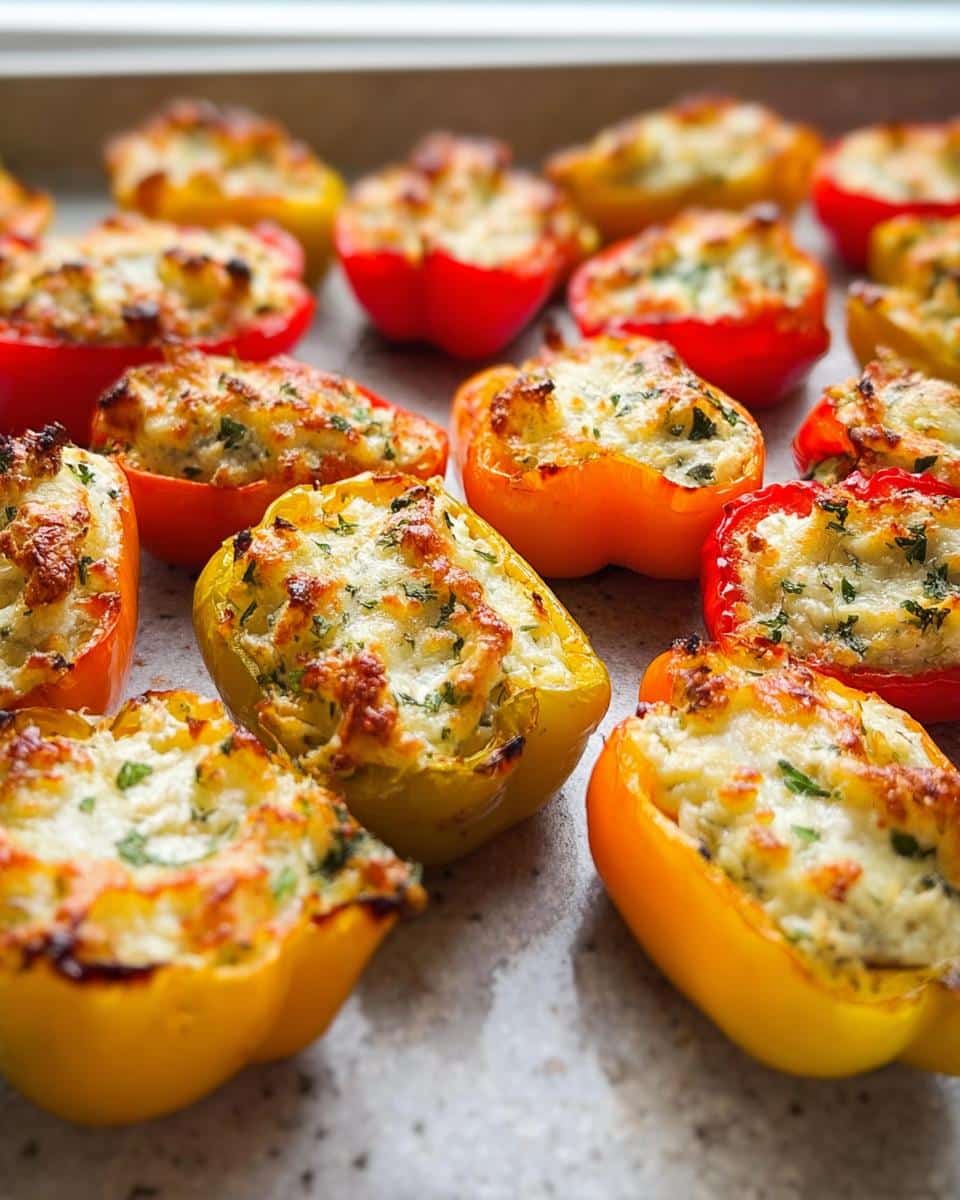 Close-up of baked Freezer-Friendly Stuffed Mini Peppers in red, yellow, and orange colors with a cheesy, herbed filling.