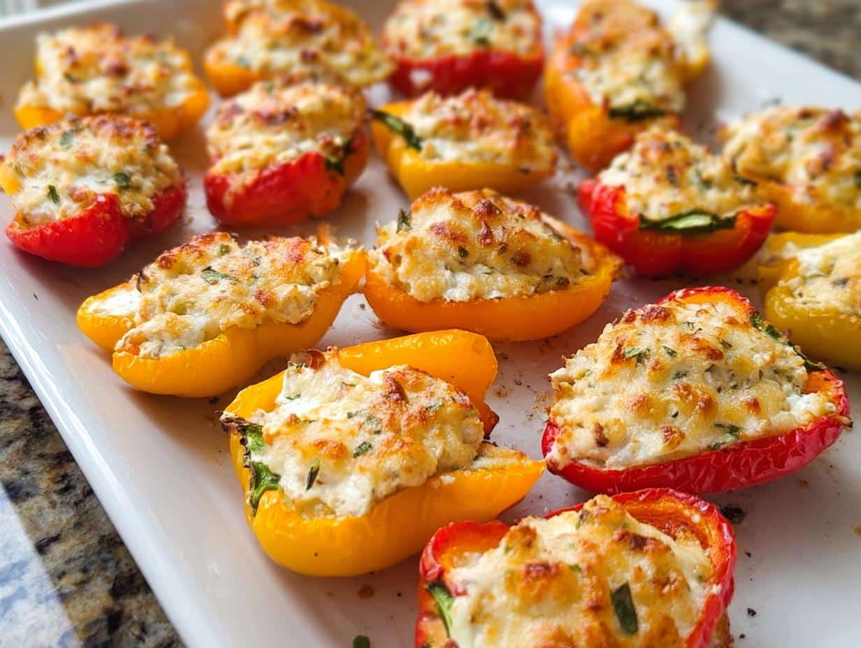 Close-up of baked Freezer-Friendly Stuffed Mini Peppers, red and yellow, topped with melted, browned cheese filling.