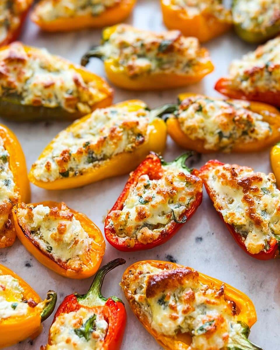 A close-up shot of several baked Freezer-Friendly Stuffed Mini Peppers filled with a cheesy mixture.
