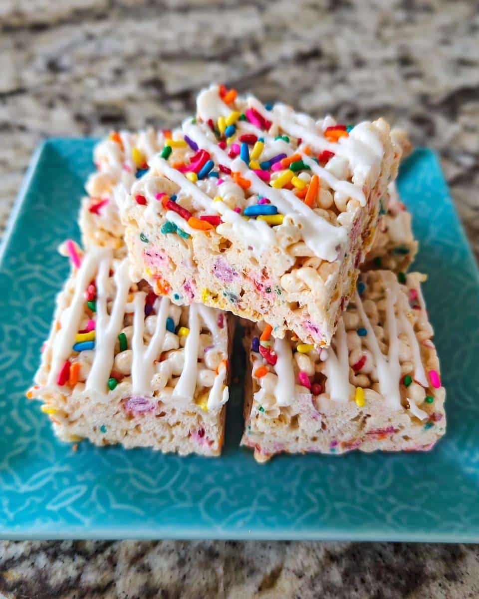A stack of four Funfetti Marshmallow Popcorn Bars drizzled with white icing and colorful sprinkles.