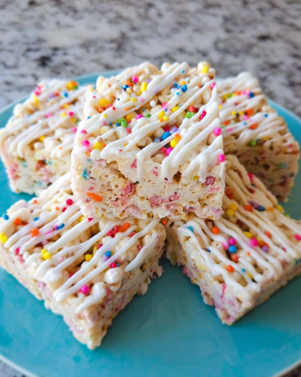 A stack of four Funfetti Marshmallow Popcorn Bars drizzled with white icing and colorful sprinkles on a blue plate.
