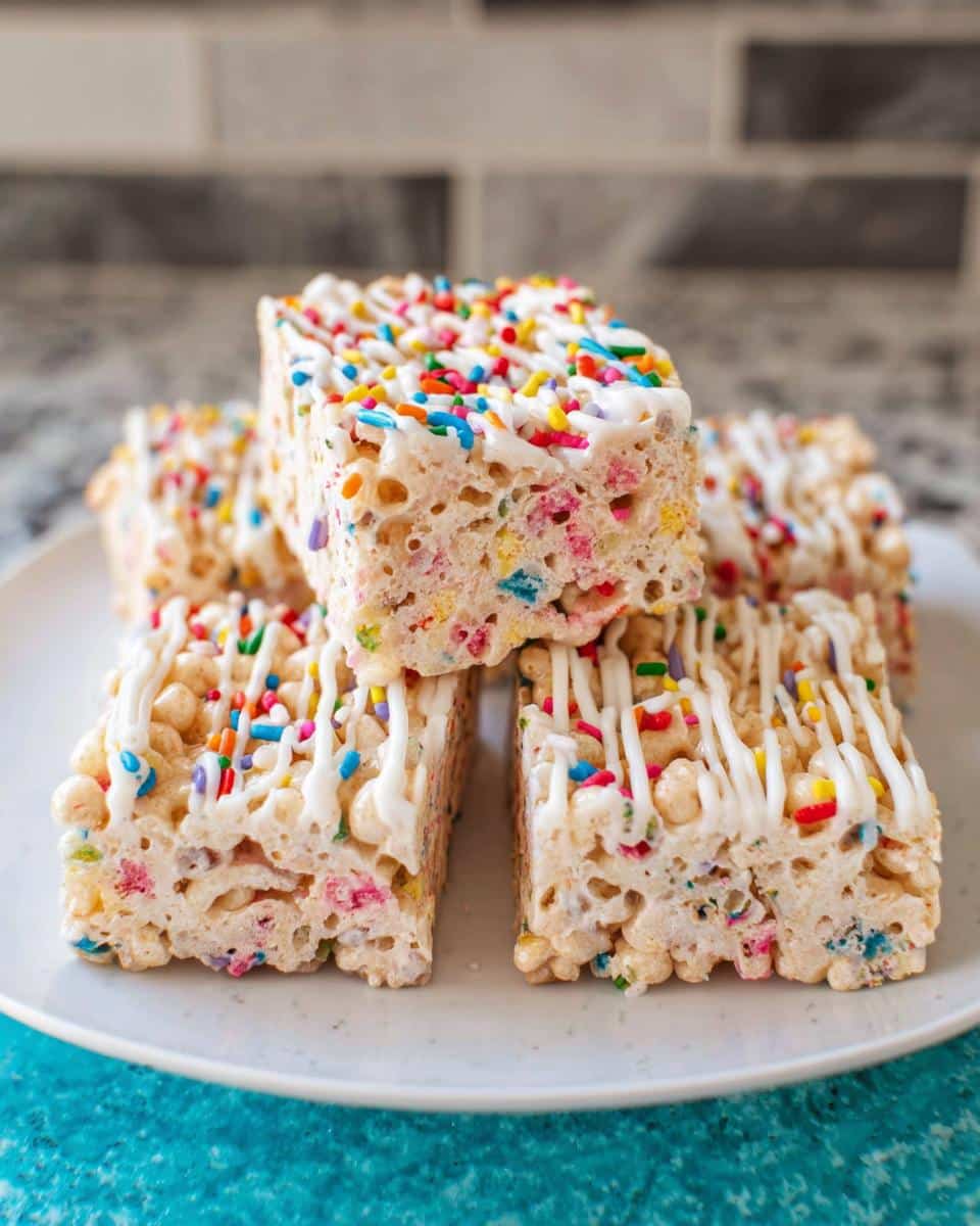 A stack of four Funfetti Marshmallow Popcorn Bars drizzled with white icing and colorful sprinkles.