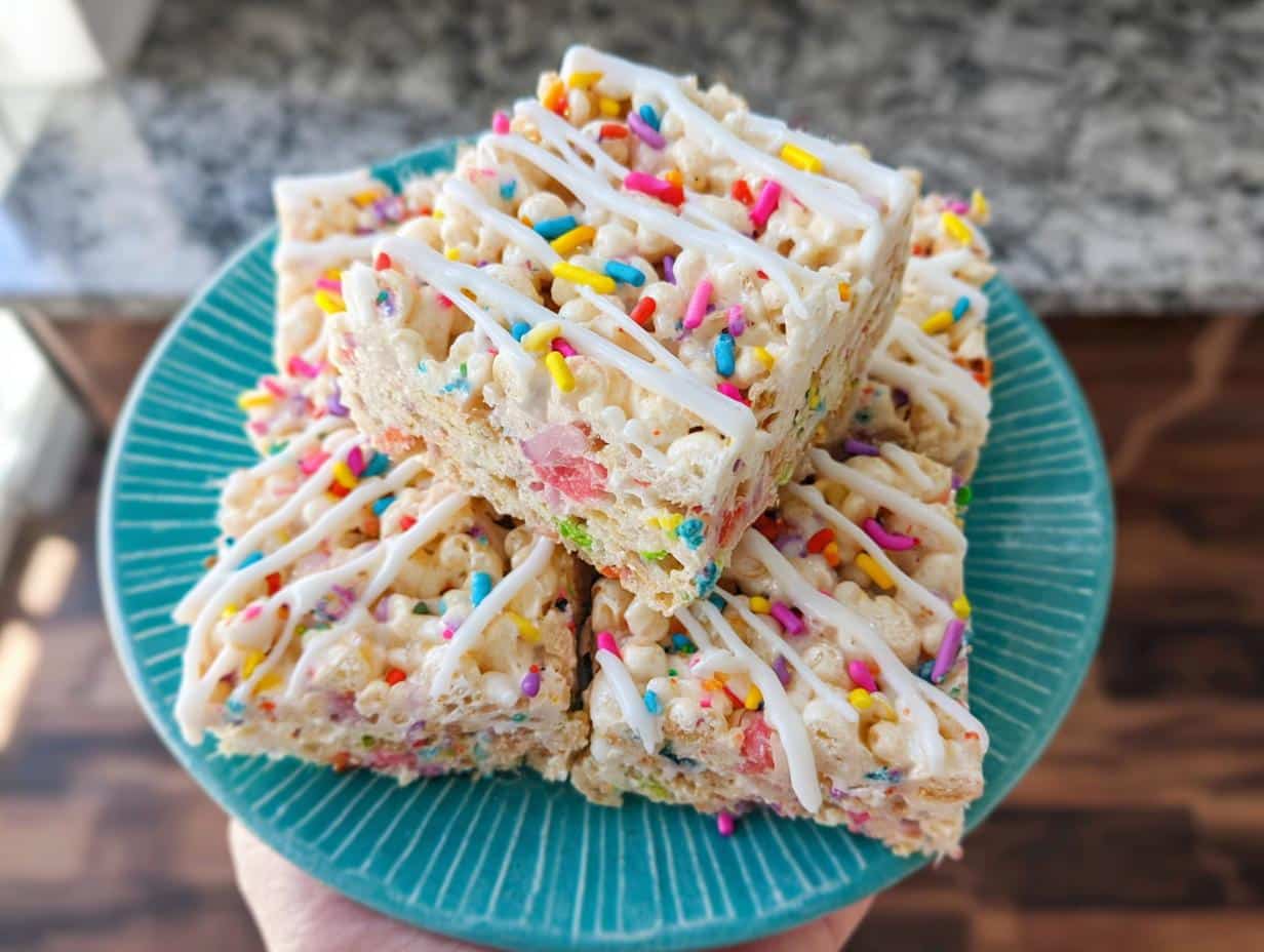 Close-up of stacked Funfetti Marshmallow Popcorn Bars drizzled with white icing and colorful sprinkles.
