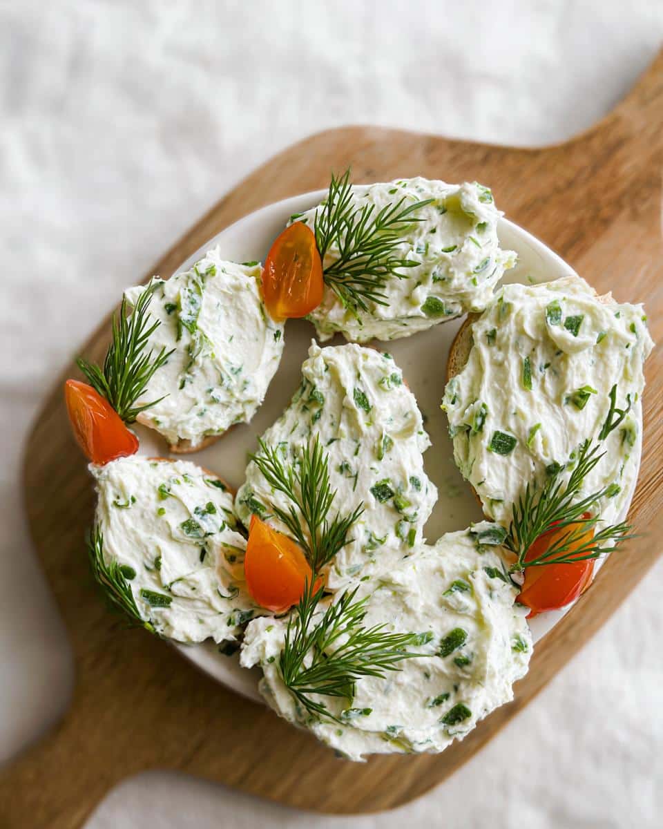 Several slices of bread topped generously with fresh Garden Herb Cream Cheese Spread, garnished with dill and orange tomato pieces.