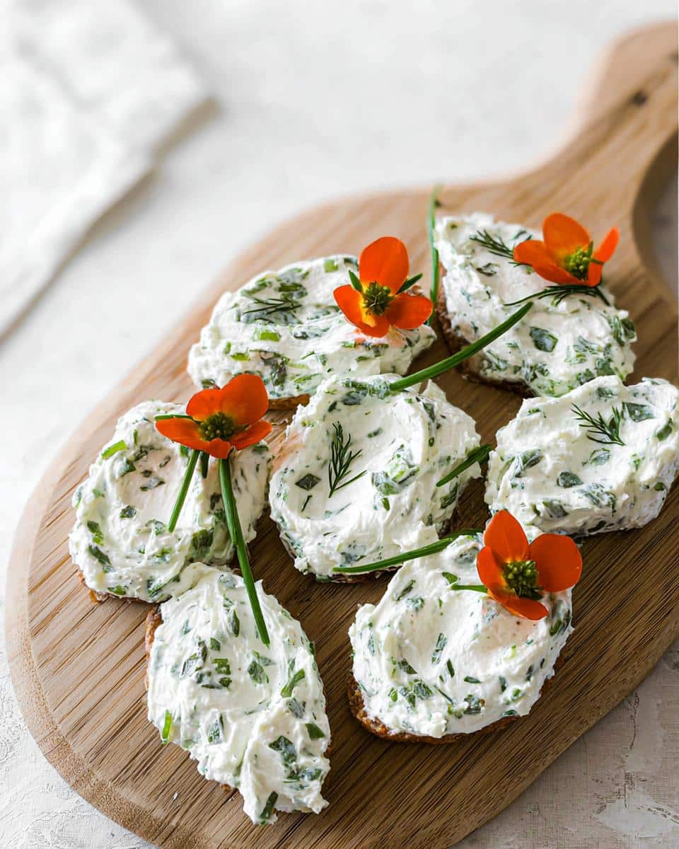 Several servings of fresh Garden Herb Cream Cheese Spread dolloped onto small crackers, garnished with orange edible flowers.