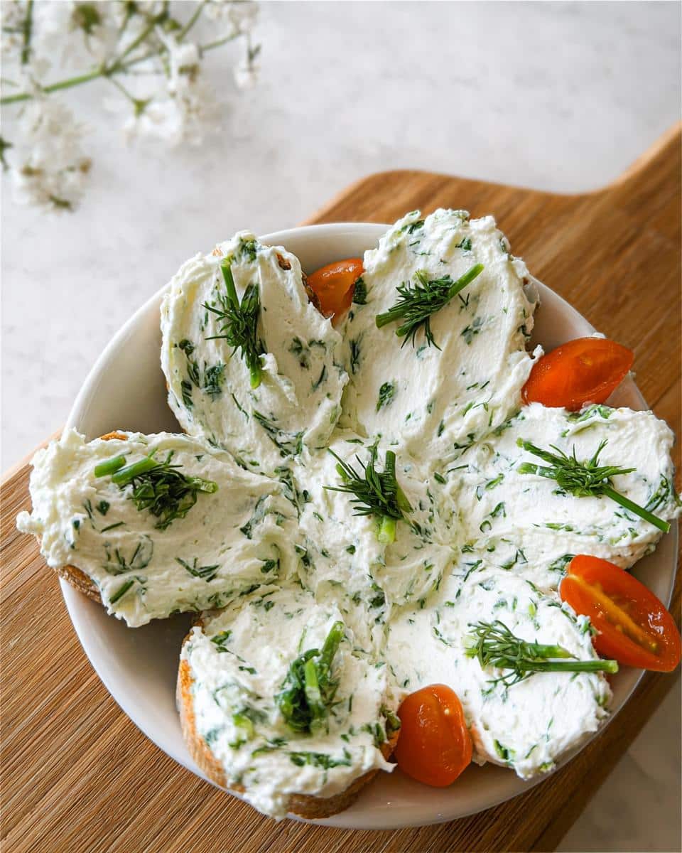 Thick, creamy Garden Herb Cream Cheese Spread served on toasted bread slices, garnished with fresh dill.