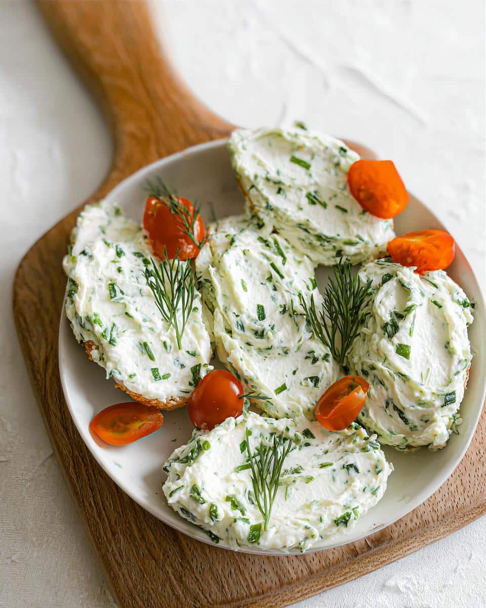 Generous dollops of Garden Herb Cream Cheese Spread served on toasted bread slices, garnished with cherry tomatoes and dill.