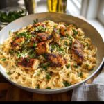 A bowl of Garlic Parmesan Chicken Pasta topped with chopped parsley and grated cheese.
