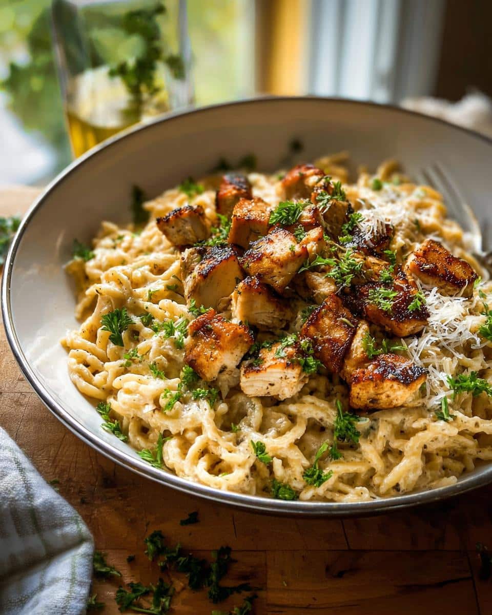 A close-up of Garlic Parmesan Chicken Pasta topped with diced chicken and fresh parsley.