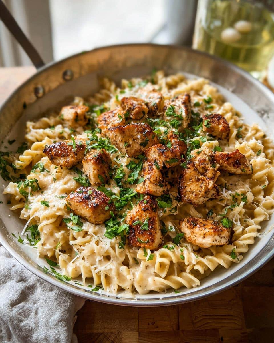 A close-up of Garlic Parmesan Chicken Pasta served in a skillet, topped with fresh parsley and grated Parmesan cheese.