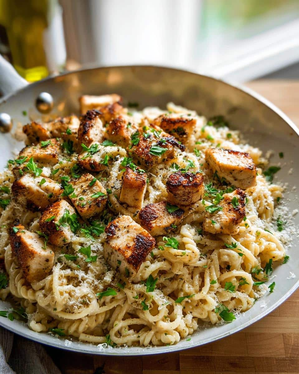 A close-up of Garlic Parmesan Chicken Pasta served in a skillet, topped with diced chicken and fresh parsley.