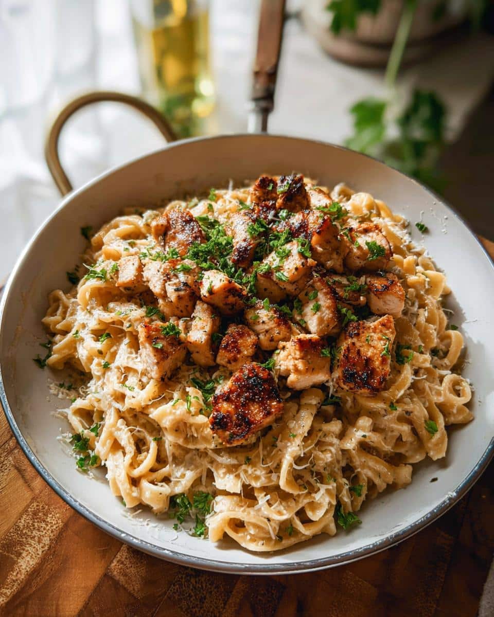 A close-up of Garlic Parmesan Chicken Pasta served in a skillet, topped with grilled chicken pieces and fresh parsley.