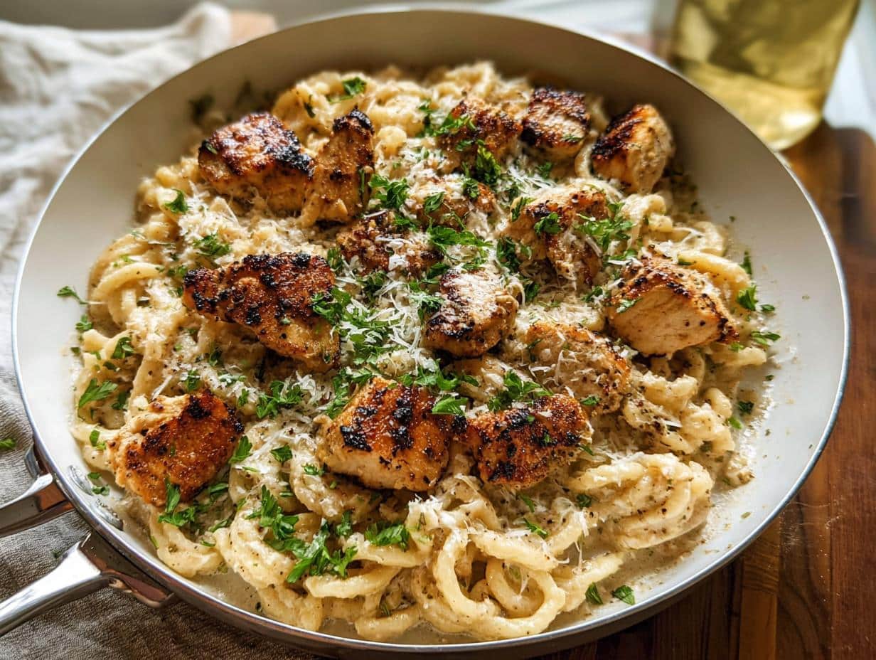 A close-up of Garlic Parmesan Chicken Pasta served in a white skillet, topped with grilled chicken pieces, shredded Parmesan, and parsley.