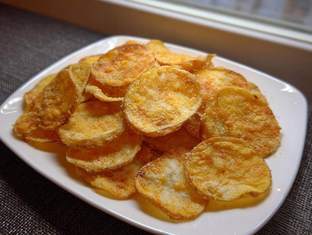 A pile of golden, crispy homemade Garlic Parmesan Potato Chips seasoned with visible cheese and garlic powder.