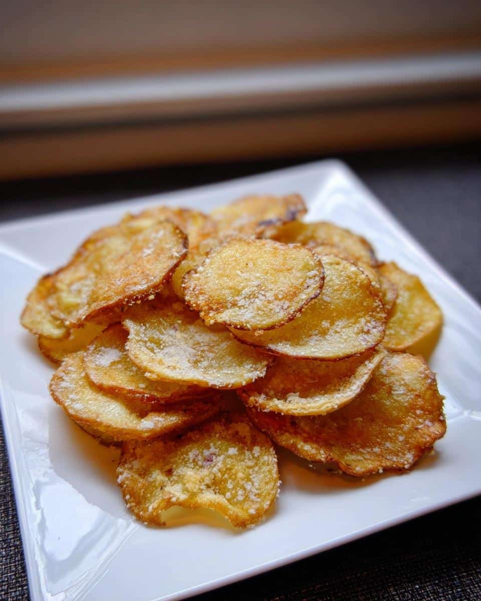 A close-up of crispy homemade Garlic Parmesan Potato Chips piled on a square white plate.