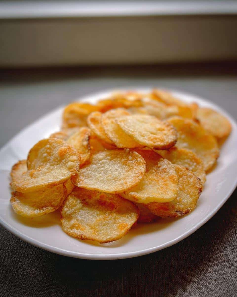 A pile of golden, crispy homemade Garlic Parmesan Potato Chips dusted with seasoning on a white oval plate.