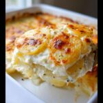A spoonful of creamy Garlic Parmesan Scalloped Potatoes with a golden-brown, cheesy top.