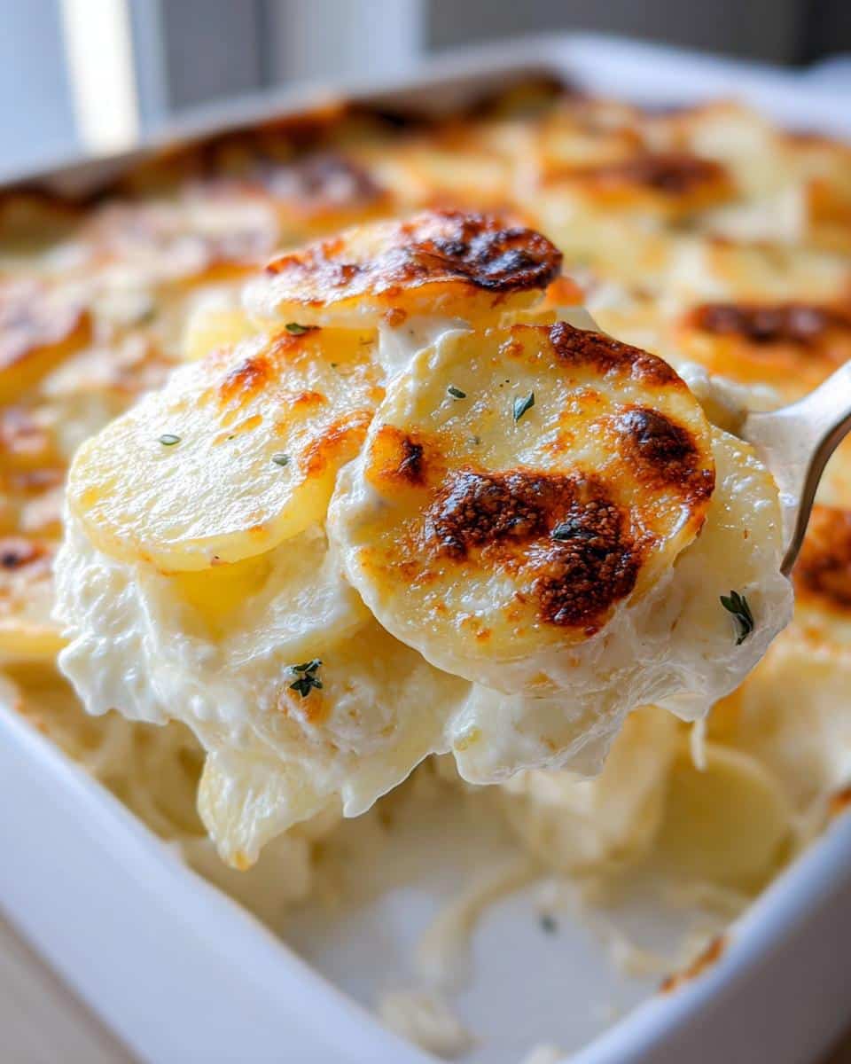 A spoonful of creamy Garlic Parmesan Scalloped Potatoes showing browned, cheesy tops and tender potato layers.
