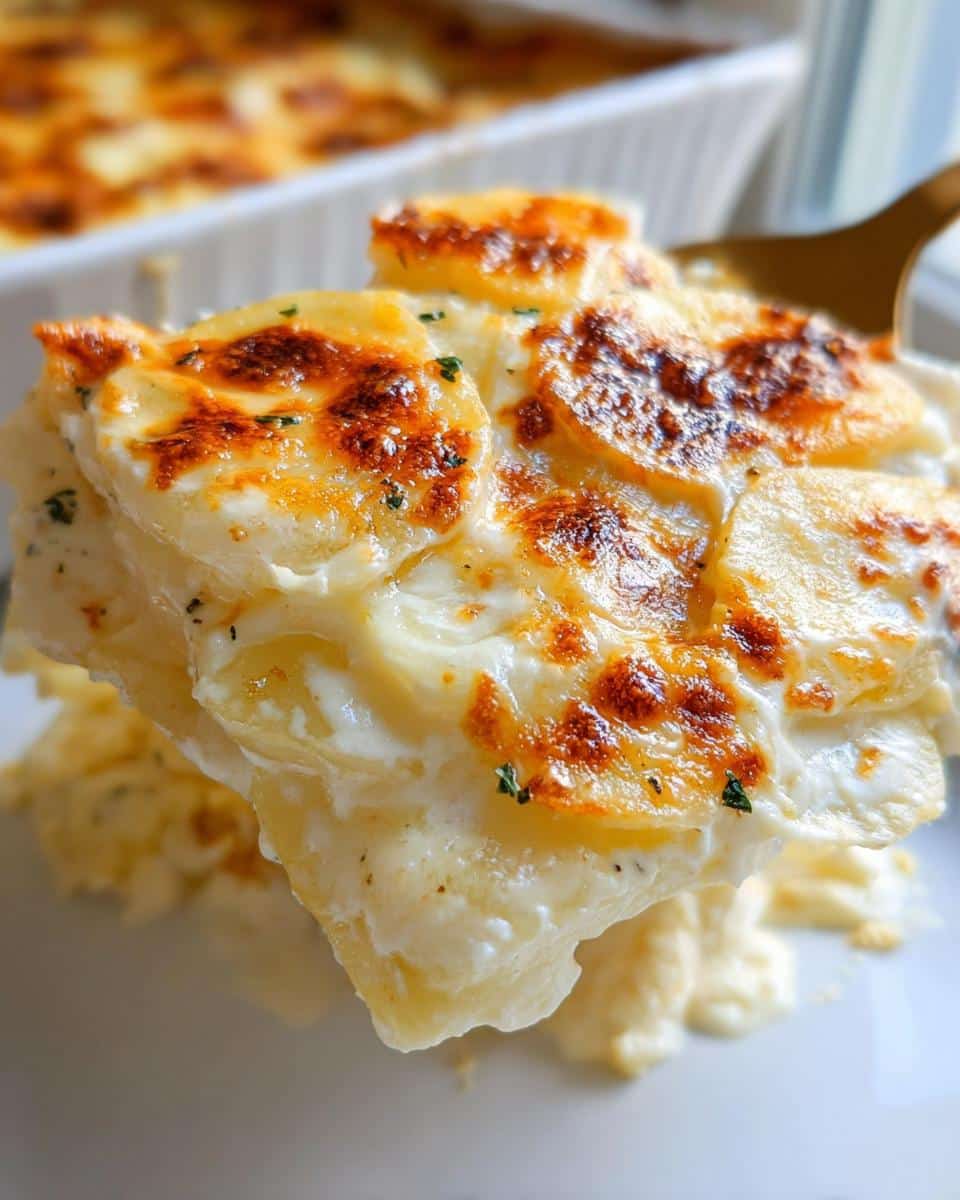 A close-up serving of creamy Garlic Parmesan Scalloped Potatoes lifted with a serving utensil, showing browned cheese topping.