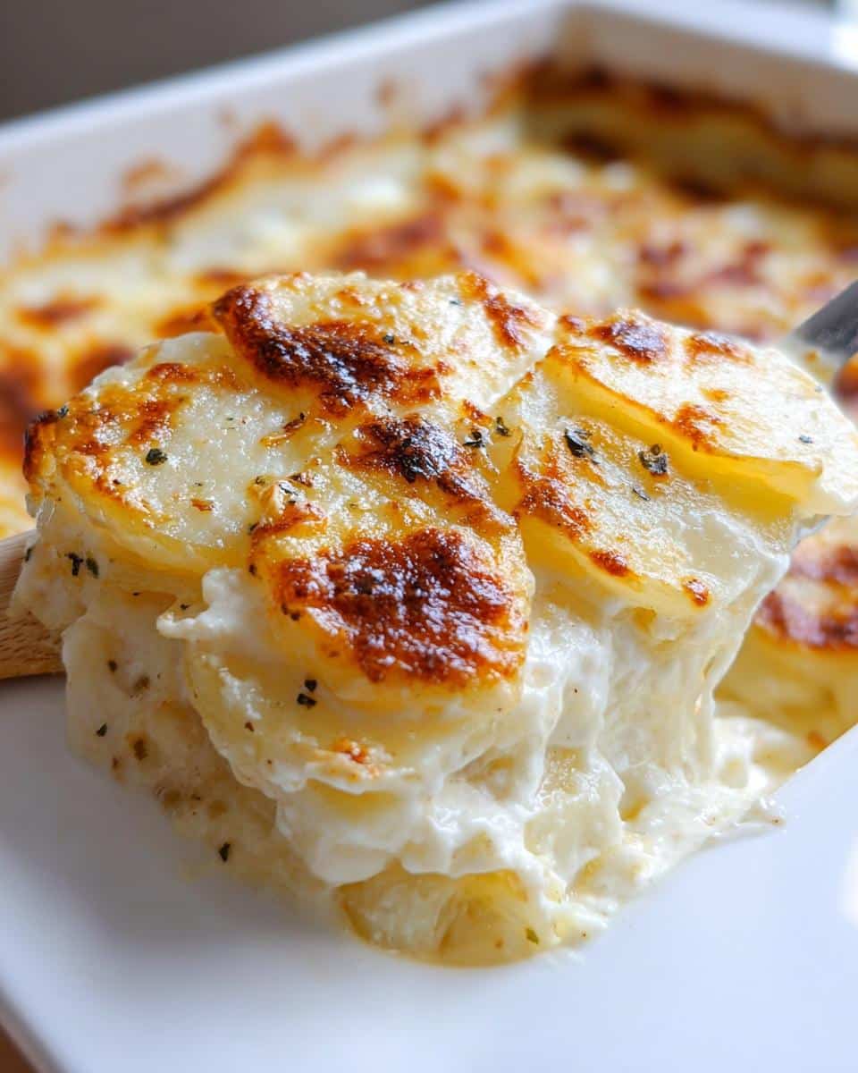 A spoonful of creamy Garlic Parmesan Scalloped Potatoes being lifted from the baking dish, showing browned cheese topping.