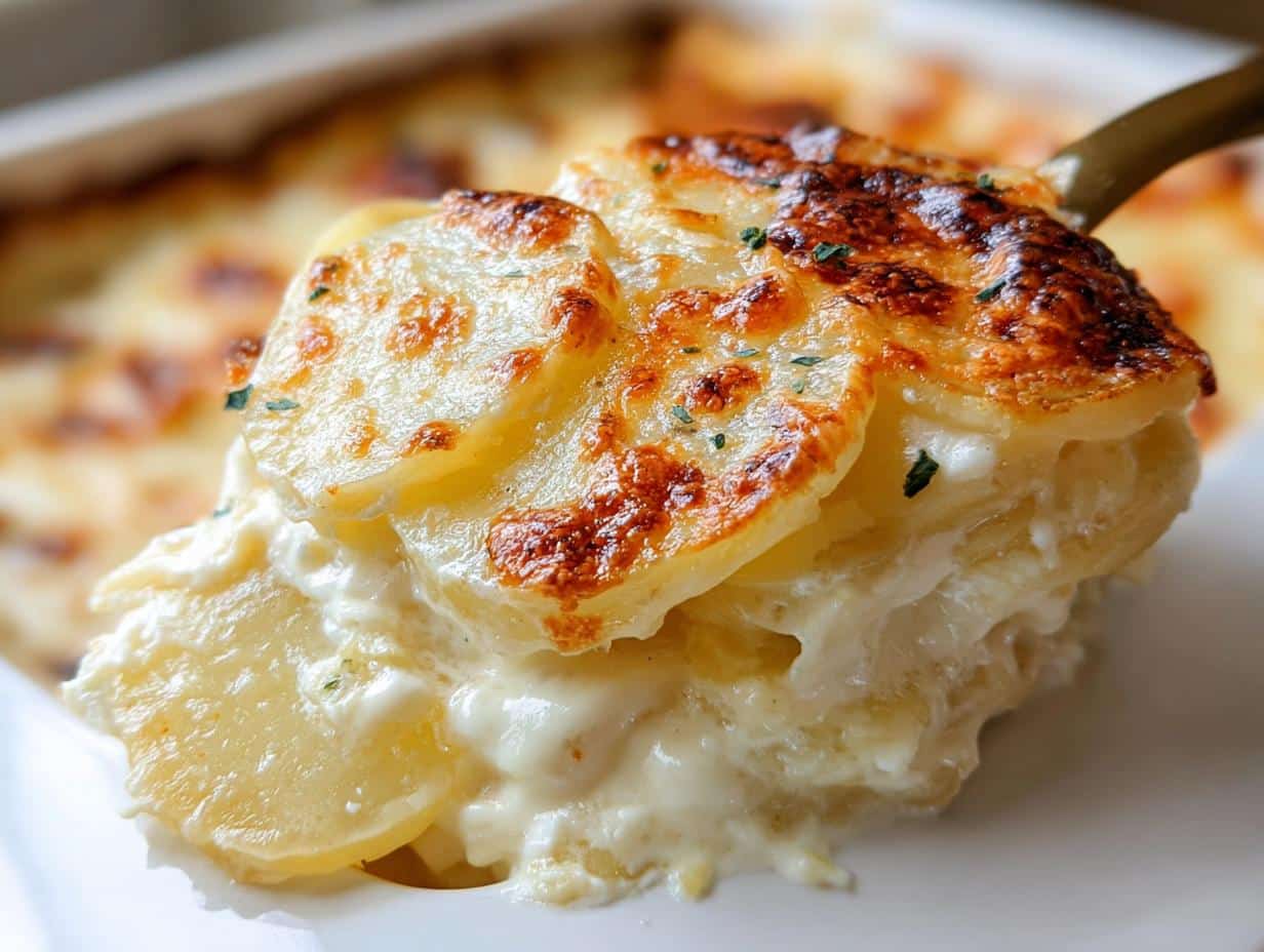 A serving spoon lifts a rich portion of Garlic Parmesan Scalloped Potatoes with a golden, cheesy crust.